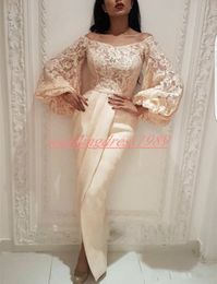 Perfect Sheath Arabic Lace Evening Dresses Formal 2019 Long Puffy Sleeve Split Illusion Dubai Saudi Prom Pageant robe de mariée Party Gowns