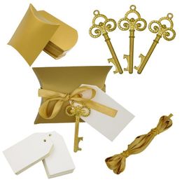 100 X Gold/Silver Creative Pillow Candy Box With Retro Key-shaped Bottle Opener Tag Ribbon For Wedding Party
