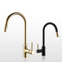 Brushed gold Kitchen Faucet Brass Sink Cold And Mixer Tap Knurling Pull Out Taps Double Water Setting Mode253A