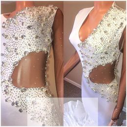vintage girl hot sexy UK - 2019 Hot Sell White Prom Dresses Black Girls Vintage Mermaid Evening Gowns Beads Crystals Ruched Long Sexy Cutaway Sides Vestidos