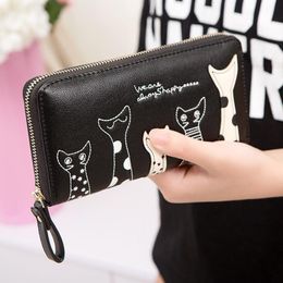 Women Cat Cartoon Wallet Long Creative Female Card Holder Casual Zip Ladies Clutch PU Leather Coin Purse ID Holder