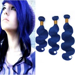 Virgin Peruvian Human Hair Blue Colored Body Wave 3 Bundles 300Gram Body Wavy Dark Blue Human Hair Weave Extensions Double Wefts 10-30"