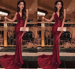 Cheap Sexy Bury Sequined Mermaid Prom Halter Neck Long Formal Dresses High Side Slit Evening Gowns Party Robes De Soir