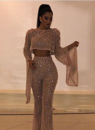 backless Sequined Two Pieces Prom Party Dresses Sheath Long Sleeves Plus Size Formal Dress Party Evening Gowns Custom Made Pants Suits
