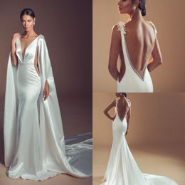 Elihav Sasson Mermaid Wedding Dresses With Long Wraps Deep V Neck Beading Backless Beach Bridal Gowns robe de mariée