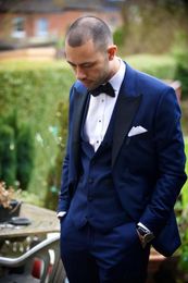 Royal Blue Groom Tuxedos Black Lapel Groomsman Wedding 3 Piece Suit Fashion Men Business Prom Party Jacket Blazer(Jacket+Pants+Tie+Vest)2651