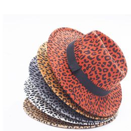 British Style Women Men Leopard Pattern Jazz Hat Flat Brim Artificial Wool Felt Fedora Hats with Black Ribbon Cowboy Trilby Cap