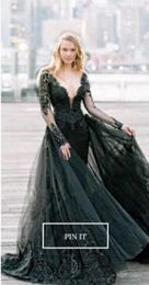 2020 Modern Black Gothic Wedding Dresses Mermaid With Long Sleeves Deep v Neck Overskirt Colorful Bridal Gowns With Color Custom Made