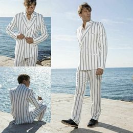 White Striped Men Suits Double Breasted Two Pieces Peaked Lapel Groom Wedding Wear Beach Casual Party Prom Tuxedos