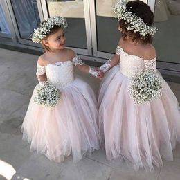 2020 Cute Pink Ball Gown Flower Girls Dresses Lace Appliqued Off Shoulder Girl Pageant Gowns Tulle Kids Formal Dress For Wedding