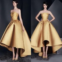 High Low Satin Prom Dresses Strapless Saudi Arabic Appliques Evening Dress Back Zipper Special Occasion Dresses Party Wear