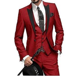 New Popular One Button Red Groom Tuxedos Peak Lapel Men Wedding Party Groomsmen 3 pieces Suits (Jacket+Pants+Vest+Tie) K75