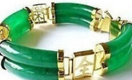 bracelet Genuine Green Jade Bracelet 2 Row 18k yellow gold 7.5 inches bracelets