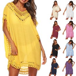 9 Colors Women Loose Dresses Cover Up Short Sleeve Crochet Beach Tunics Bikini Sarong Wrap Swimwear Lady Swimsuit Dress