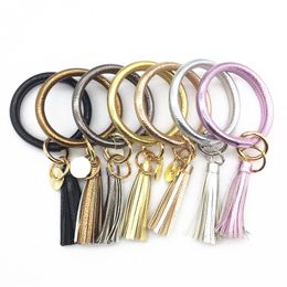 PU Leather Tassels O Key Chain Custom Circle Tassel Wristlet Bracelet Keychain Women Girl Key Rings Wrist Strap M005