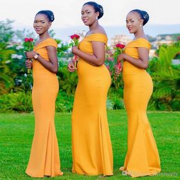 African Off Shoulder Yellow Mermaid Bridesmaid Dress Elastic Satin Wedding Guest Dresses Simple Maid of Honor Gowns Robe De Soiree Custom