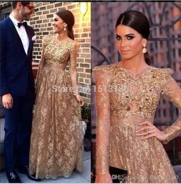 2019 New Fashion Long Sleeves Bubble Shoulder Beading Gold Lace Gorgeous Evening Dresses Party Gowns Vestidos Prom Dresses 081