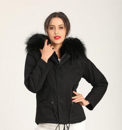 Outdoor ladies snow coats black raccoon fur trim Mukla furs brand black rex rabbit fur lining mini women black parkas