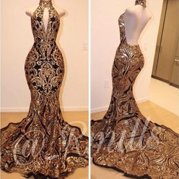 unique gold mermaid prom dresses sparkly sequins long dress sexy keyhole neck backless evening dress party gowns vestidos