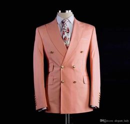 Double Breasted Mens Peach Groom Tuxedos Peak Lapel Groomsmen 2 Pieces Wedding Suit Best Man Prom Party Blazer(Jacket+Pants)
