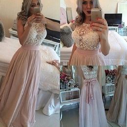 Blush Pink Prom Dresses Beaded Crystal Pearls Chiffon Sash Bow Jewel Neck Sleeveless Floor Length Formal Evening Party Gown