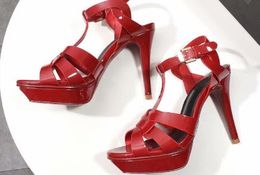 Hot Sale-te Patent Leather Platform Sandals Stiletto High Heel Shoes 10/14 cm T-strap High Heels Sandals with Box US10