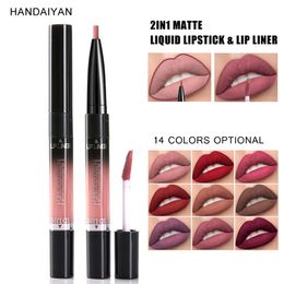 Handaiyan Brand Lip Kit Matte Liquid Lipsticks Tint Makeup Cosmetics Double ended Lip Liner Long Lasting Nude Lip Gloss