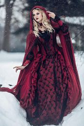 Red and Black Gothic Medieval Wedding Dresses Long Sleeves Renaissance Fantasy victorian vampires Country Wedding Dresses With Caped 2019