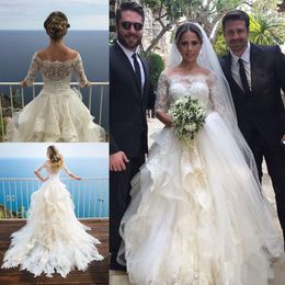 Elegante 1/2 mangas compridas vestidos de noiva Bateau decote laço applique saia de camadas babados vestidos nupciais vestido de novia