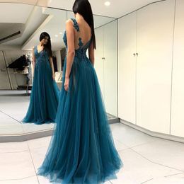 Dusty Blue Tulle Evening Dresses 2020 New Custom Made Sweep Train Applique Beads V-Neck A-Line Backless Formal Prom Party Gowns 116