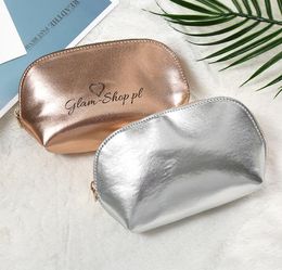 DHL50pcs Cosmetic Bag Women PU Solid Large Capacity Shell Shaped Zipper Wash Bag Gold Sliver