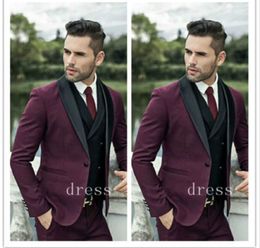 3 PCS Men Suits Wine Red Suit Slim Fit Groomsman Wedding/Prom Suit Groom Wear Wedding Tuxedos Suit Formal Occasion Gowns