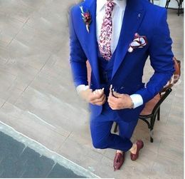 New Style One Button Royal Blue Wedding Groom Tuxedos Peak Lapel Groomsmen Men Suits Prom Blazer (Jacket+Pants+Vest+Tie) 140