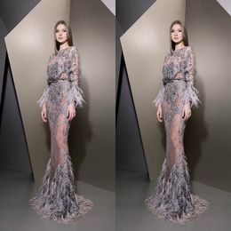 Ziad Nakad 2019 Evening Dresses Jewel Neck Lace Long Sleeve Illusion Feather Prom Gowns Luxurious Custom Made Mermaid Party Runway248Q