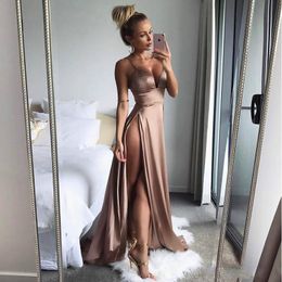 Charming Nude A-Line Prom Dresses Sexy Side Split Evening Dresses Formal Graduation Party Gowns Spaghetti Deep V Neck vestidos de fiesta