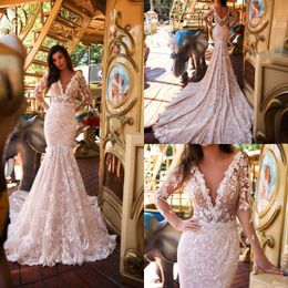 Ida Torez Elegant Mermaid Wedding Dresses Illusion Sexy V Neck Long Sleeve Bridal Gowns Backless Lace Appliqued Dress