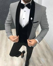 Elegant 3 Piece Men Suit 2020 Morning Dinner Party Prom Suit Houndstooth Groom Wedding Men Suit Blazer Slim Fit Best Man Tuxedo