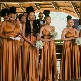 African Gold Spaghetti Bridesmaid Dresses Floor Length Satin Plus Size Maid Of Honour Gowns Cheap Wedding Guest Dress