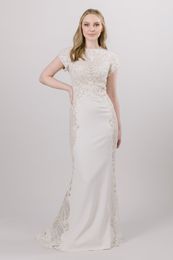 2020 New Lace Crepe Sheath Modest Wedding Dresses With Cap Sleeve High Round Neck Beaded Sequins Lace Buttons Back Colume Modest Bridal Gown