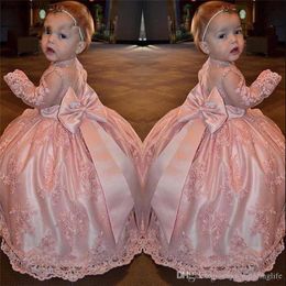 Lovely Pink Ball Gown Flower Girl Dresses for Weddings Lace Appliques Floor Length Little Girls First Communion Pageant Dress Birthday