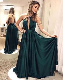 Backless Hunter Sexy Green Prom Dresses Elastic Satin Plunging V Neck Halter Custom Made Floor Length Evening Party Gowns Plus Size