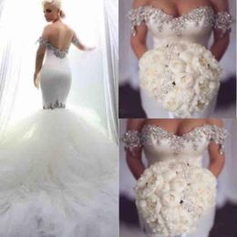 Hot Elegant Sweetheart Mermaid Wedding Dresses Off The Shoulder With Shining Beaded Satin Tulle Backless Plus Size Formal Bridal Gowns