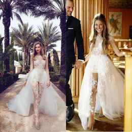 illusion jumpsuits wedding dresses with detachable train lace appliques cap sleeves tulle overskirt with pocket bridal gowns