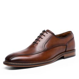 2019 Hot Genuine Leather Shoes Men Wedding Office Dress Shoes Brown Patina Handmade Lace-Up Shoes Business Oxford Footwear