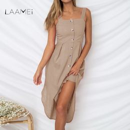 Laamei Solid Button Sexy Casual Summer Strap Dress Long Boho Beach Women Sundress Vestidos Fashion Daily Sleeveless Dess Female Y190514