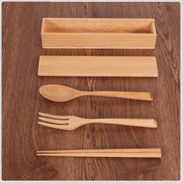 Wood Chopsticks Fork Spoon Suit Beech Wooden Flatware Sets Portable Chopsticks Spoon Box Set Student Out Camping Tableware Suits