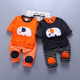 Fashion Kids Winter Clothes Baby Girls Boys Clothing Set 2PCs Cartoon Elephant Tops Stripe Pants Set Outfits roupa infant