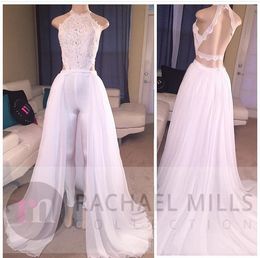 white jumpsuit beach wedding dresses with detachable train chiffon a line backless sweep train bridal outfit lace summer wedding gowns