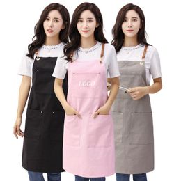 BBQ Senior Simple Denim Canvas Apron Bib Leather Straps Kitchen Apron for Women Barber cooking baking Waitress Custom Print Logo