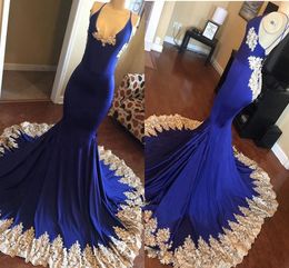 African Royal Blue Mermaid Prom Dresses Gold Floral Lace V-neck Cross Backless Sexy Evening Gowns Robes De Soirée Formal Party Gowns Cheap